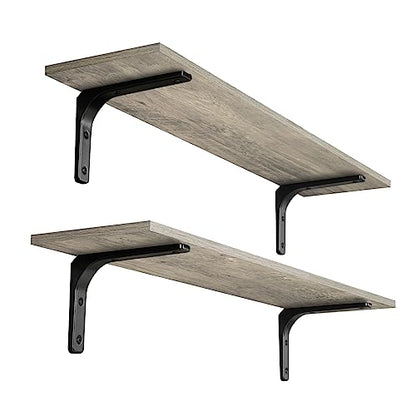 Long Wall Shelves, 31.5Inch Wooden Wall Mounted Shelves, Set of 2 | Floating Book Shelf, Metal Brackets, Easy Assembly, Max Load 22lbs, Wall Storage Ledges, Bedroom/Bathroom/Kitchen, Gray Wash - color: Gray Wash, size: 31.5 Inch