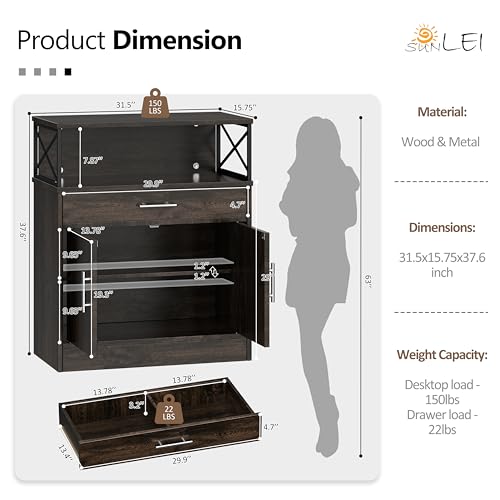 Kitchen Buffet Sideboard Cabinet, Storage Cabinets with 2 Doors and 1 Drawers, Open Storage & Adjustable Shelf, Farmhouse Coffee Bar Cabinet with Storages for Kitchen, Rustic Brown - color: Brown, size: 31.5 inch