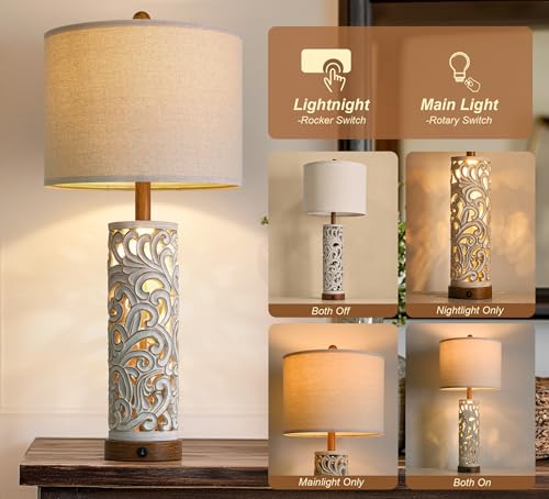 2-in-1 Light Table Lamp Set of 2 for Living Room, 28.5" Farmhouse Bedside Lamps with USB Charging Port, Main&Night Light & Dual Switches, Nightstand Lamp for Bedroom Home Office(Bulb Included) - color: Washed White and Brown