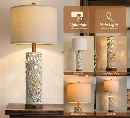 2-in-1 Light Table Lamp Set of 2 for Living Room, 28.5" Farmhouse Bedside Lamps with USB Charging Port, Main&Night Light & Dual Switches, Nightstand Lamp for Bedroom Home Office(Bulb Included) - color: Washed White and Brown