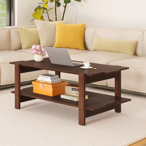 GIANTEX Coffee Table with Storage, 45 Inch Modern Center Table with Slatted Design & Side Rail Support, Rectangular Living Room Table for Small Spaces, Walnut - color: Walnut