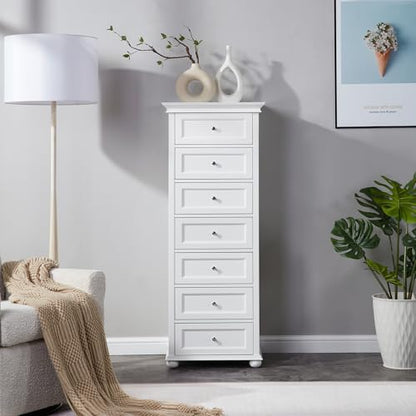 Tall White Dresser for Bedroom with 7 Drawers, 52" Tall Skinny Dresser | Modern White Tall Chest of Drawers Dresser，Wooden Lingerie Dresser Tall Narrow，Crown Molding and Solid Wood Ball Legs - color: White