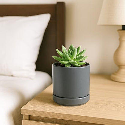 D'vine Dev 2-Pack Ceramic Pots with Saucers, Grey, 3.5 in, 94-V-A-3 | Modern Cylinder Design, Glazed Ceramic, Drainage Hole & Saucer Included, High Temperature Fired, Elegant Home Accent - color: Gray, size: 3.5 Inch