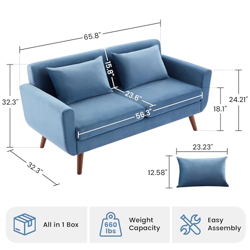 Tbfit 65" W Loveseat Sofa, Velvet Mid Century Modern Love Seat Couches for Living Room, Button Tufted Upholstered Small Couch for Bedroom, Solid and Easy to Install Love Seats Furniture, Blue | linen fabric - color: Velvet-blue, size: 65.2 inch