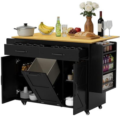YESHOMY Kitchen Island on Wheels with Trash Cabinet, 56" Mobile Cart with Drop Leaf and Drawers, Rolling Portable Table with Spice Rack & Towel Holder for Dining Room, Black & Oak - color: Black & Oak