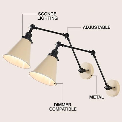 JONATHAN Y Rover 1-Light Wall Sconce 7", Almond/Black, Set of 2 | Adjustable Arm, Hardwired Bedside Reading Swing Arm, Farmhouse Cone Shade, Metal Hardwired Indoor Fixture, LED Bulbs Included - color: Almond/Black, size: Set of 2
