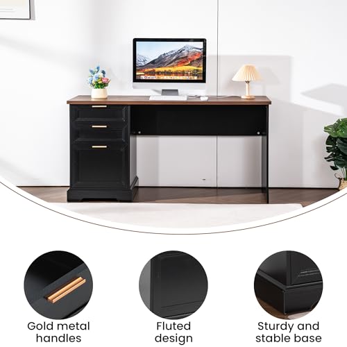 60" Professional Office Desk with 40" Mobile File Cabinet,Business Desk with Charging Station,L Shaped Executive Desk Set for Office Work,Home Study - color: Walnut & Black