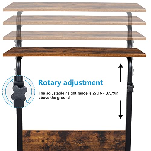 Sofa Side Table C Shaped End Table with Wheels, Rolling Bedside Laptop Table Snack Table TV Tray, Height Adjustable, Wooden Top & Metal Frame - color: Retro Brown, 31.5"