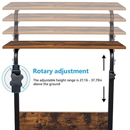 Sofa Side Table C Shaped End Table with Wheels, Rolling Bedside Laptop Table Snack Table TV Tray, Height Adjustable, Wooden Top & Metal Frame - color: Retro Brown, 31.5"