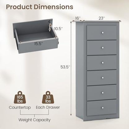 GIANTEX 6-Drawer Dresser for Bedroom, Wooden Chest of Drawers w/Metal Handles & Large Capacity, 16" D x 23" W x 53.5" H Clothes Organizer, Modern Tall Dresser for Bedroom, Entryway, Living Room - color: Grey