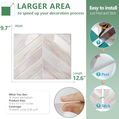 STICKGOO Herringbone Peel and Stick Backsplash, Eurasian Wood, 10 Sheets | 12.6 x 9.7 in, Thicker Rectangular Vinyl Stick-On Wall Tiles, Easy Alignment, Waterproof, Easy to Clean, Kitchen/Bathroom - color: Eurasian Wood Grain, size: Pack of 10