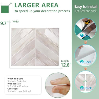 STICKGOO Herringbone Peel and Stick Backsplash, Eurasian Wood, 10 Sheets | 12.6 x 9.7 in, Thicker Rectangular Vinyl Stick-On Wall Tiles, Easy Alignment, Waterproof, Easy to Clean, Kitchen/Bathroom - color: Eurasian Wood Grain, size: Pack of 10