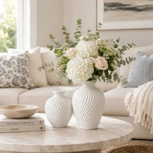 White Ceramic Vase Set of 2|Flower Vase for Home Decor with Rustic Textured