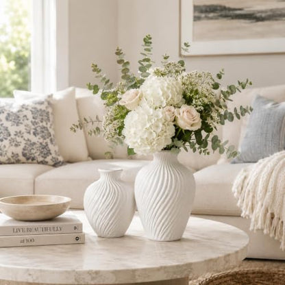 White Ceramic Vase Set of 2|Flower Vase for Home Decor with Rustic Textured