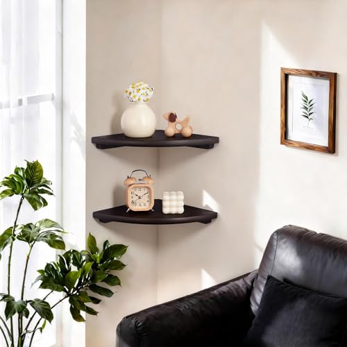 Gieanoo Floating Corner Shelves Set 2 16inch Walnut Solid Oak Rounded Corner Shelves Wall Mounted with Cable Hole Wood Corner Hanging Shelves for Living Room Bedroom Bathroom Kitchen - color: Dark Walnut, size: 16in 2-Pack