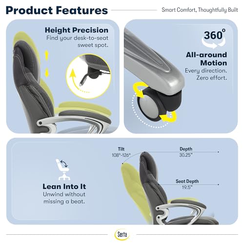 Serta Bryce Executive Office Chair - Ergonomic Computer Desk Chair with Patented AIR Lumbar Technology - Adjustable Height - Memory Foam Body Pillows - 360° Swivel Rolling Base - Bonded Leather - Gray - color: Grey
