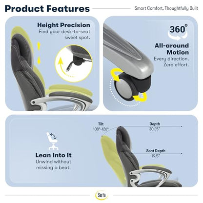 Serta Bryce Executive Office Chair - Ergonomic Computer Desk Chair with Patented AIR Lumbar Technology - Adjustable Height - Memory Foam Body Pillows - 360° Swivel Rolling Base - Bonded Leather - Gray - color: Grey