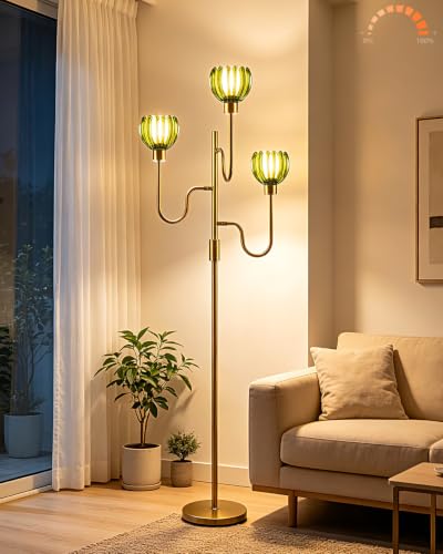 Lightdot Dimmable Green Glass Floor Lamp Mid Century Modern Gold Floor Lamps with Warm White Bulbs Included 3-Arm Standing Tall Lamp with 5Lbs Heavy Base for Living Room/Bedroom/Home Office - color: 3 Green Tulip-Gold