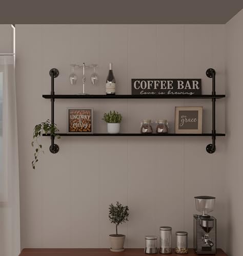 HDDFER Floating Bookshelf Shelves Industrial Pipe Shelving Pipe Shelves Rustic Wall Shelf 48 Inch Farmhouse Book Shelves for Wall Mounted - color: Black, size: 2Tier48in