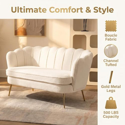 Modern Boucle Loveseat Couch, Futon Small Sofa with Gold Metal Legs | 2-Seater Upholstered Mini Sofa Couches for Small Space,Living Room Bedroom Office Dorm Studio Apartment Love Seat Couche - color: White