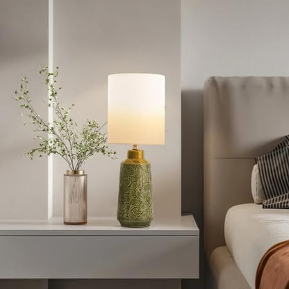 17.75" Green Ceramic Lamps Set of 2 with Leaves Design, Small Table Lamps | Green Table Lamps, Leaf-Patterns Ceramic Lamp, Retro Small Lamp for Living Room, Bedroom, Green Lamps for Nightstand Set of 2