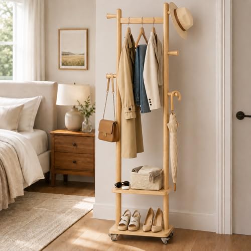 Small Clothes Rack Solid Wood Coat Rack Freestanding with Wheels | Space Saving, Stable 5 Hooks 2 Shelves Coat Tree, Silent 360 Degree Wheels, Heavy Duty 150 lb Capacity for Entryway Bedroom - color: Natural Wood, size: S: 15.7" x W: 11.8" x H: 70" (With