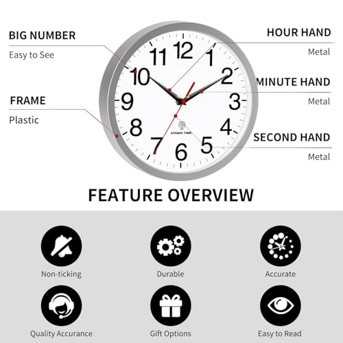 Wall Clock Analog 14 Inch Atomic Battery Operated Silent Clock | Silver, Easy To Read, Non Ticking, Round, Accurate, Kitchen, Living Room, Classroom, Office, School - color: Atomic_silver, size: 14 Inch