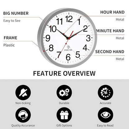 Wall Clock Analog 14 Inch Atomic Battery Operated Silent Clock | Silver, Easy To Read, Non Ticking, Round, Accurate, Kitchen, Living Room, Classroom, Office, School - color: Atomic_silver, size: 14 Inch