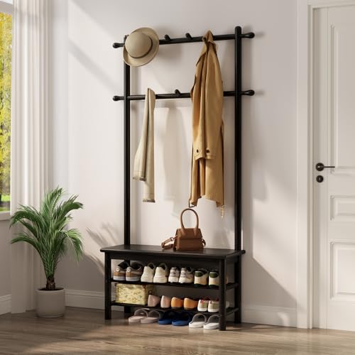 AQIMUELE Coat Rack with Shoe Storage, Wooden Hall Tree with Bench, 11 Hooks and 2-Tier Storage Shelves, 3-in-1, Entryway Bench with Coat Rack (31.5"-Deep Black) - color: Black, size: 31.5"