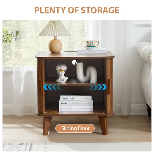 24" Modern End Table with Charging Station, Fluted Side Table,Walnut | Farmhouse Sofa Side Tables Living Room, Mid-Century Wood Nightstand with Sliding Tambour Door & Storage, Wooden End Table - color: Walnut