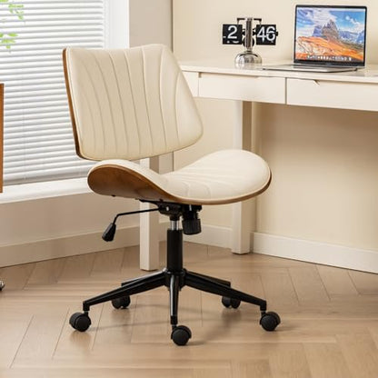 EROMMY Armless Office Desk Chair,Wooden Back Small Office Desk Chair No Arms Adjustable Height Modern Armless Chairs with Swivel Wheels for Small Spaces, Beige - color: Beige