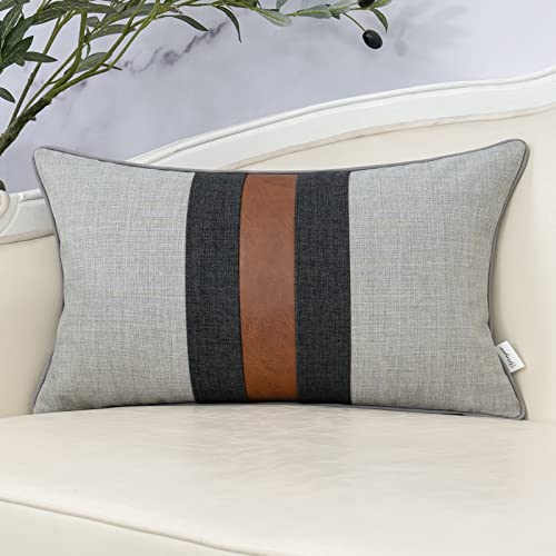 Patchwork Pillow Cover 12x20 Inch Luxury Cotton and Linen Cushion Cover Faux Leather Pillowcover for Couch Bedroom Living Room, Gray - color: L-grey, size: 20" x 12" (Pack of 1)