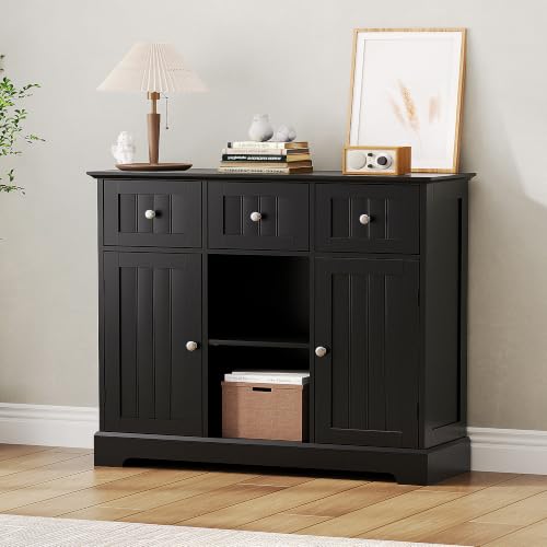 ChooChoo 35.4" Coffee Bar Cabinet with 3 Drawers and 2 Doors, Black | Buffet Cabinet with Adjustable Shelves, Storage Cabinet for Compact Kitchens, Dining rooms and Living rooms - color: Black