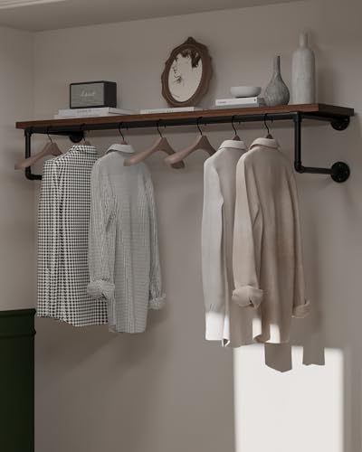 Clothes Rack 48in, Wall Mounted Garment Racks with Real Walnut Wood Shelf, Heavy Duty Hanging Clothes Rack, Multi-Purpose Hanging Rod, Space-Saving Closet Storage - color: Walnut, size: 1T48IN