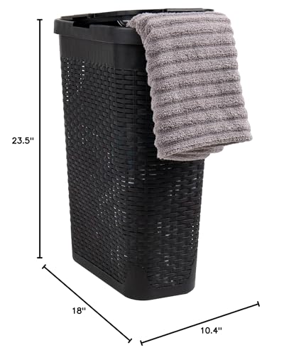 Mind Reader Slim Laundry Hamper with Lid, 40L Clothes Basket, Narrow Tapered Design with Ventilated Cutout Pattern, Plastic, Black - color: Black, size: Single