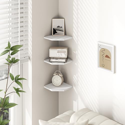 Fun Memories Corner Shelf Wall Mount, Floating Corner Shelves, Set of 3 Corner Wall Shelf Organizer, Rustic Wood Wall Storage Display Shelves for Living Room Bedroom Bathroom Kitchen, Rustic White - color: White, size: 7" x 7", Set of 3