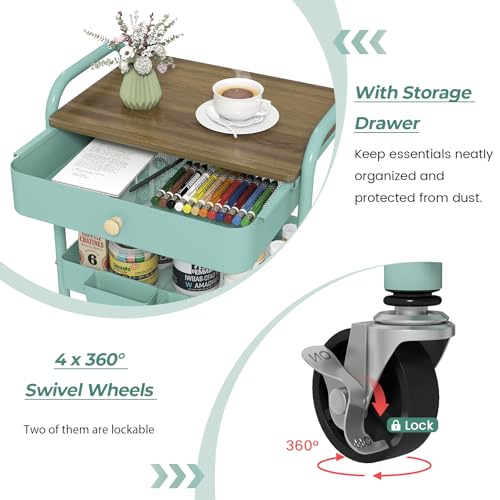 3 Tier Rolling Cart, All-in-One Art Cart Organizer on Wheels for Kitchen, Bathroom, Office, Laundry - color: Green