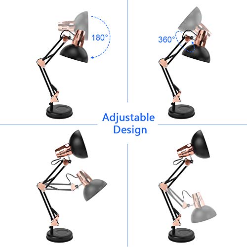 PowerKing Metal Swing Arm Desk Lamps with Base & Clamp, Black Rose Gold | Adjustable Architect Lamp, On Off Switch, Fits E26 E27 Bulbs, Eye-Caring Reading Light, for Home Office Work Study - color: Black Rose Gold