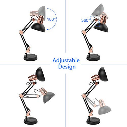 PowerKing Metal Swing Arm Desk Lamps with Base & Clamp, Black Rose Gold | Adjustable Architect Lamp, On Off Switch, Fits E26 E27 Bulbs, Eye-Caring Reading Light, for Home Office Work Study - color: Black Rose Gold