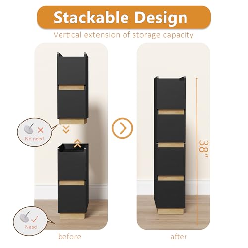 Narrow Night Stands, Modern Slim Nightstand Set of 2, Wooden Skinny Bedside Table 2 Drawers, Stackable Narrow Side Table with Drawers for Small Spaces, Bedroom, Living Room, Black - color: Black (2pcs)