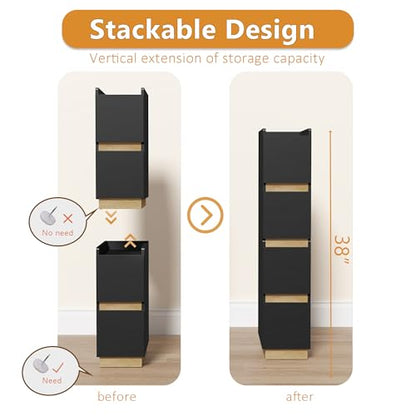 Narrow Night Stands, Modern Slim Nightstand Set of 2, Wooden Skinny Bedside Table 2 Drawers, Stackable Narrow Side Table with Drawers for Small Spaces, Bedroom, Living Room, Black - color: Black (2pcs)