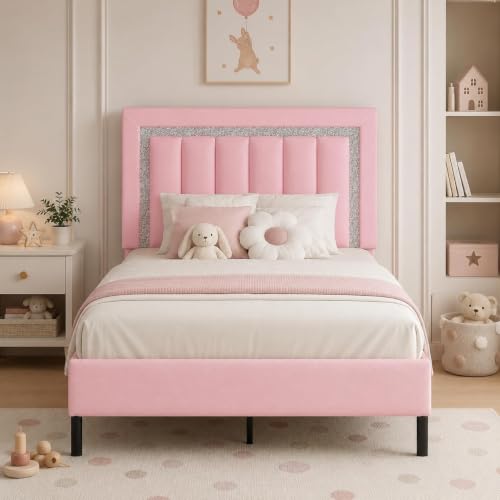 HOMBCK Twin Bed Frames with Faux Leather Upholstered Headboard | Twin Bed Frame with Diamond Vertical Design, No Box Spring Needed, Under Bed Storage, Easy Assembly, Pink - color: Pink, size: Twin
