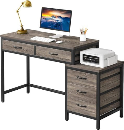 Tribesigns Computer Desk with 5 Drawers, Reversible Home Office Desks | Small Desk with Drawer Cabinet Printer Stand, PC Desk with Storage, Grey Study Writing Table Workstation for Small Spaces - color: Grey