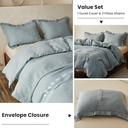 Simple&Opulence 100% Linen Duvet Cover Set with Crossed Embroidery Washed - 3 Pieces (1 Duvet Cover with 2 Pillow Shams) Soft Breathable Farmhouse - Dusty Blue, Queen Size - color: Crossed-dusty Blue, size: Queen