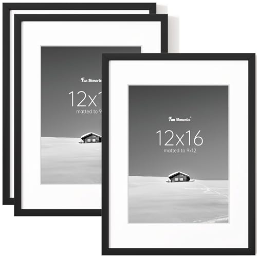 Fun Memories 12x16 Picture Frame Set of 3, Display Pictures 9x12 with Mat or 12x16 Without Mat, 12 x 16 Frame for Photos, Posters & Art Prints, Gallery Photo Frames for Wall & Tabletop Display, Black - color: Black, size: 12x16, 3pack
