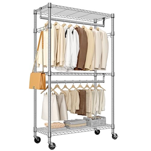 M MZG Heavy Duty Rolling Garment Rack 3 Tiers Adjustable Wire Shelving Clothes Rack with 2 Rods and Side Hooks,Storage Closet Clothing Rack with Wheels Chrome 15.7" D x 29.5" W x 74.5" H - color: Chrome, size: 3 Tier with 2 rod, 15.7"D x 29.5"W x 74.5"H