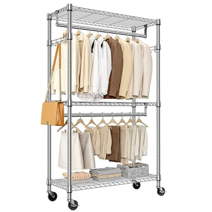 M MZG Heavy Duty Rolling Garment Rack 3 Tiers Adjustable Wire Shelving Clothes Rack with 2 Rods and Side Hooks,Storage Closet Clothing Rack with Wheels Chrome 15.7" D x 29.5" W x 74.5" H - color: Chrome, size: 3 Tier with 2 rod, 15.7"D x 29.5"W x 74.5"H