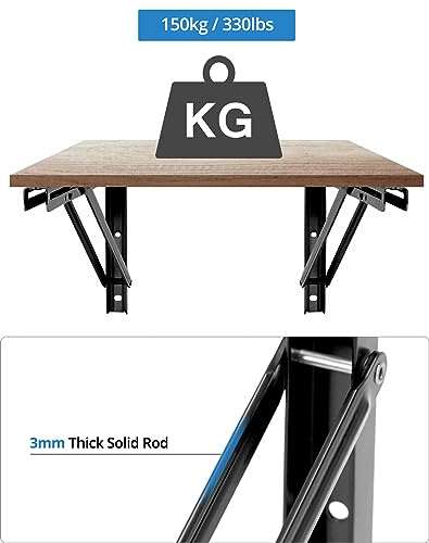 QWORK 24" Heavy Duty Folding Shelf Brackets for Wall Mounted Folding Tables Benches Shelves, Max Load 330lbs, 2 Pack Iron Bracket with Black Finish