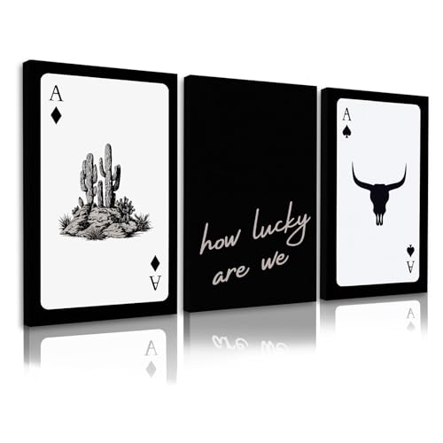 Western Wall Decor Living Room,Southwestern Cowboy How Lucky Are We Wall Art,Longhorn Bull Skull and Playing Card Canvas Painting Pictures for Bedroom Bathroom Office,12x16in,Framed - color: Western, size: 12x16inchx3pcs