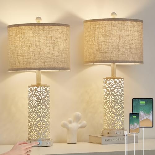 SAIWEYA 26" Farmhouse Table Lamp for Living Room Bedroom, Dimmable Touch | 3 Way Dimmable, 2 USB Ports + AC Outlet Bedside Lamp for Nightstand, LED Bulb Included, Fabric Shade, Flower Metal Body - color: Black-26in